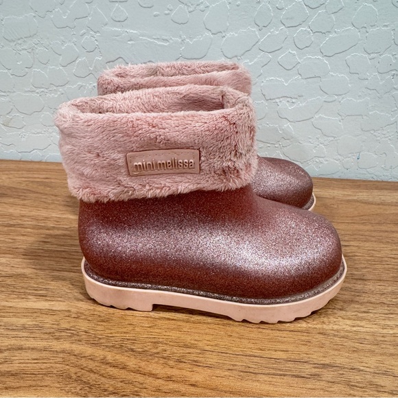 Mini Melissa Sparkly Pink Boots Girls 8 Faux Fur Toddler Rain Snow Winter - Picture 1 of 11